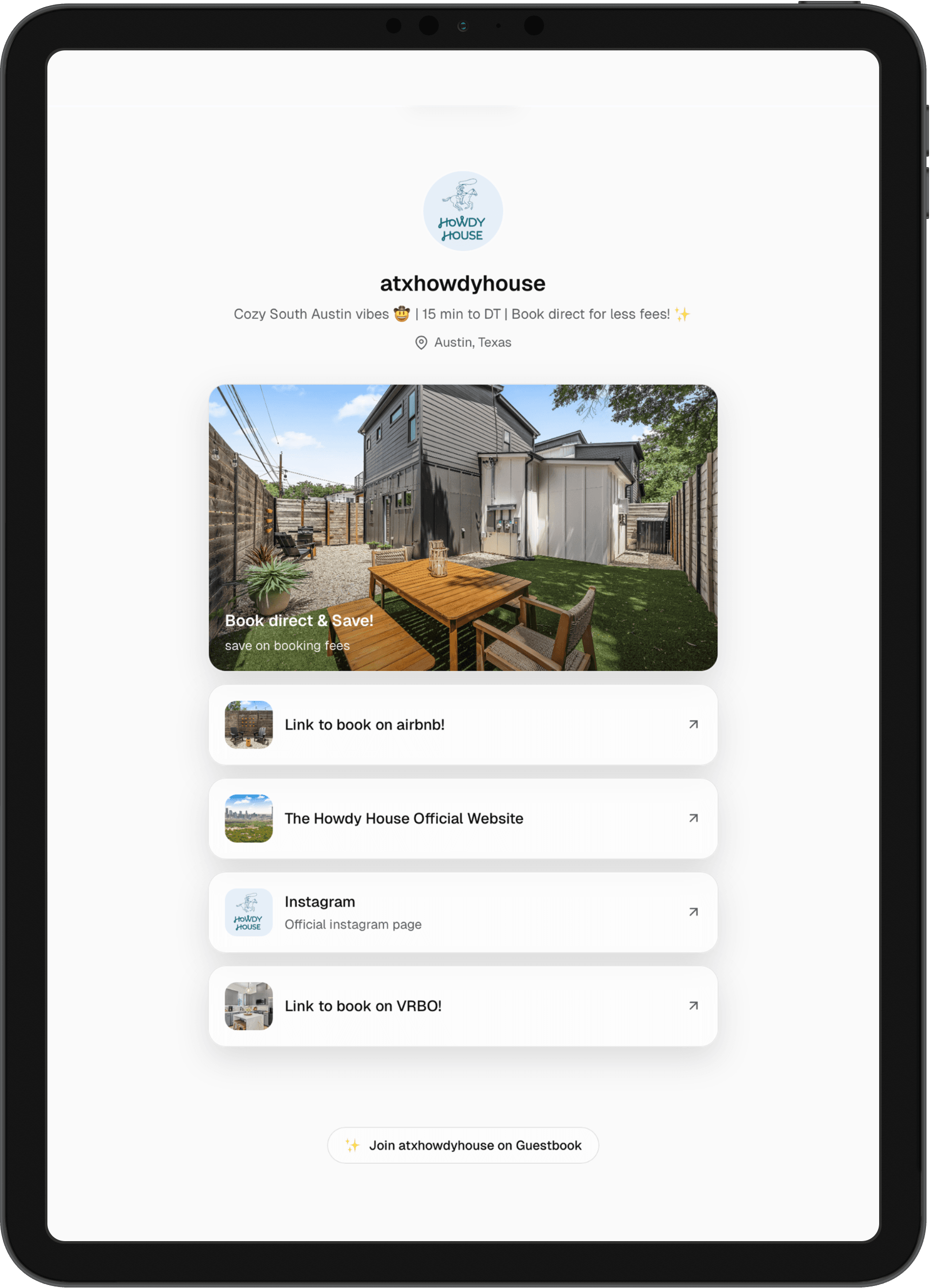 Guest guidebook on iPad showing property details