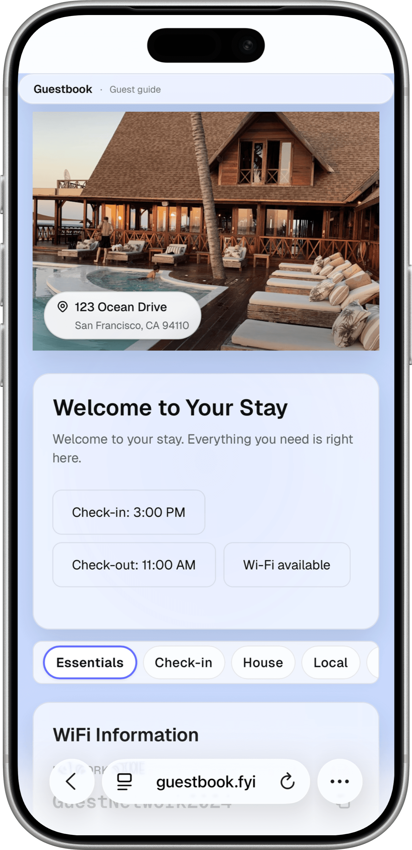 Guest guidebook on iPhone showing property welcome